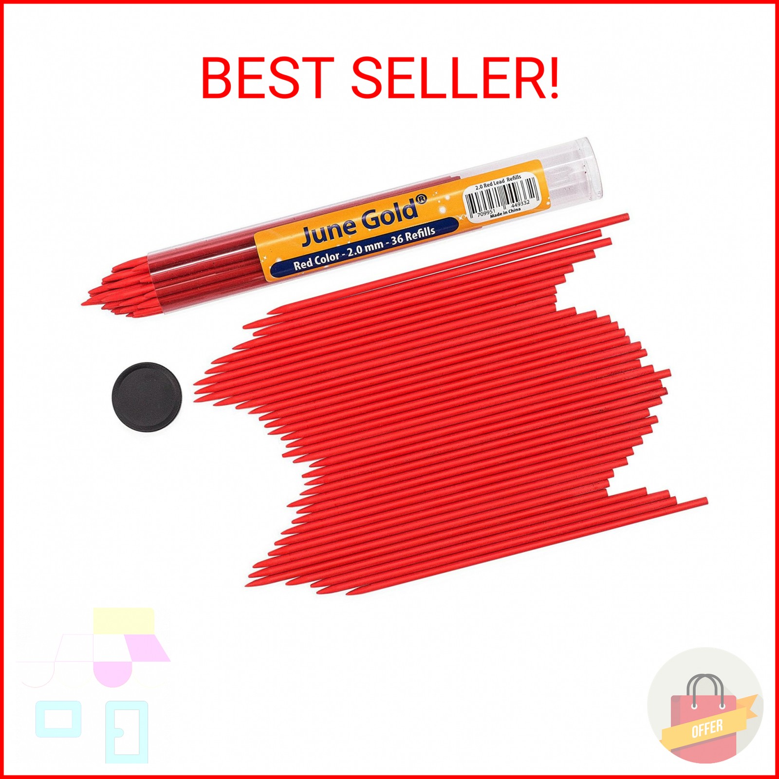 June Gold 36 Red (Cherry #101) Colored 2.0 mm Lead Refills, Bold Thickness for H