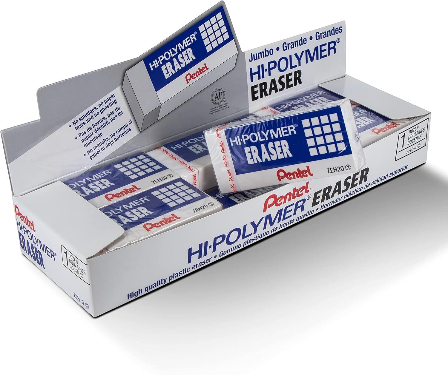 Hi-Polymer Jumbo Eraser Set of 12 – Durable, Non-Smudge with Protective Sleeve