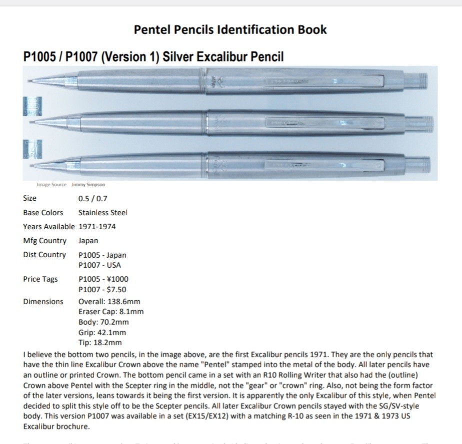 Extremely Rare Version 1 Pentel P1007 Excalibur Mechanical Pencil. 1971-1974