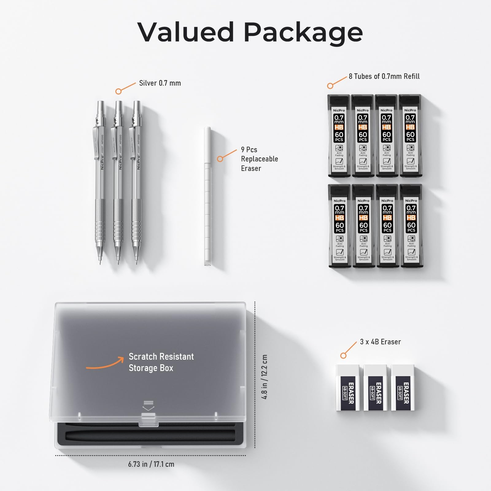 Nicpro 0.7 Metal Mechanical Pencil Set with Case, 3PCS MP1000 MM, Silver