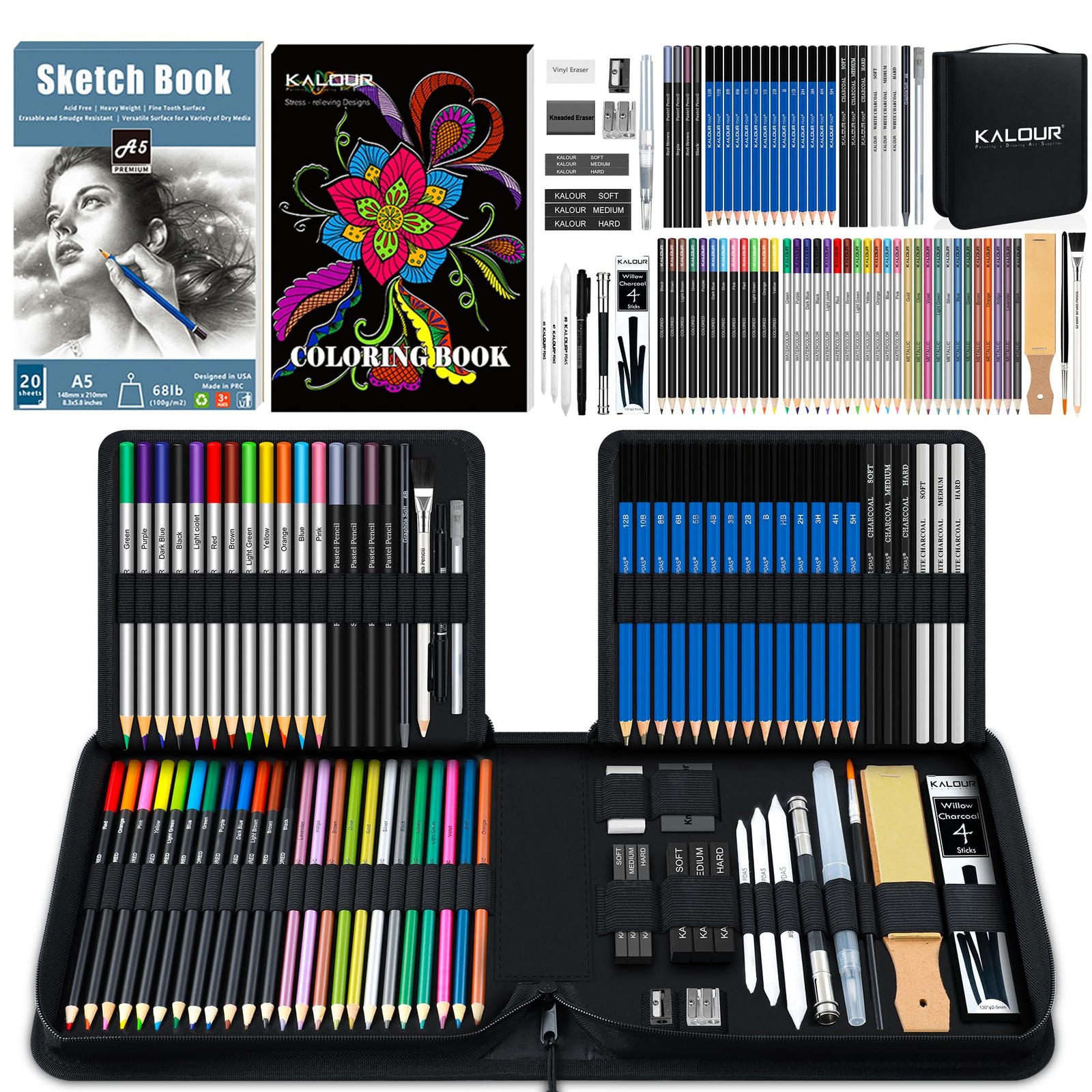 KALOUR 82 Pack Drawing Sketching Kit, Pro Art Supplies 104 Piece Set, Black