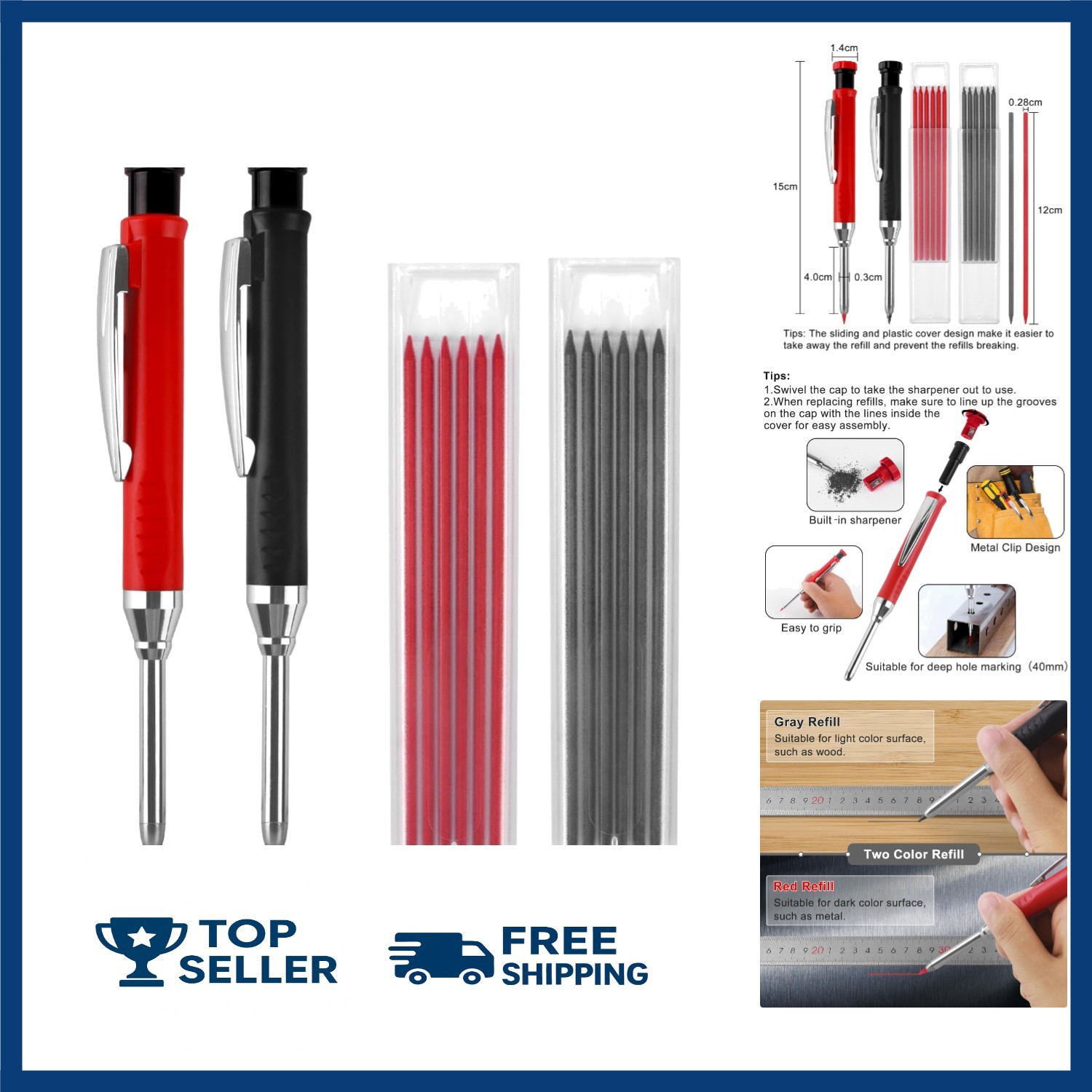 2 Pack Carpenter Pencils Mechanical Pencils with 12 Refills, Upgraded