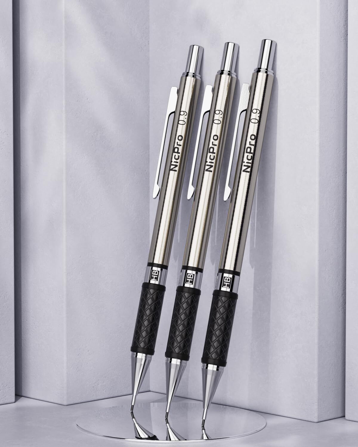 Nicpro 0.9 mm Mechanical Pencil Set with Case, 3PCS Metal 0.9MM, Metallic