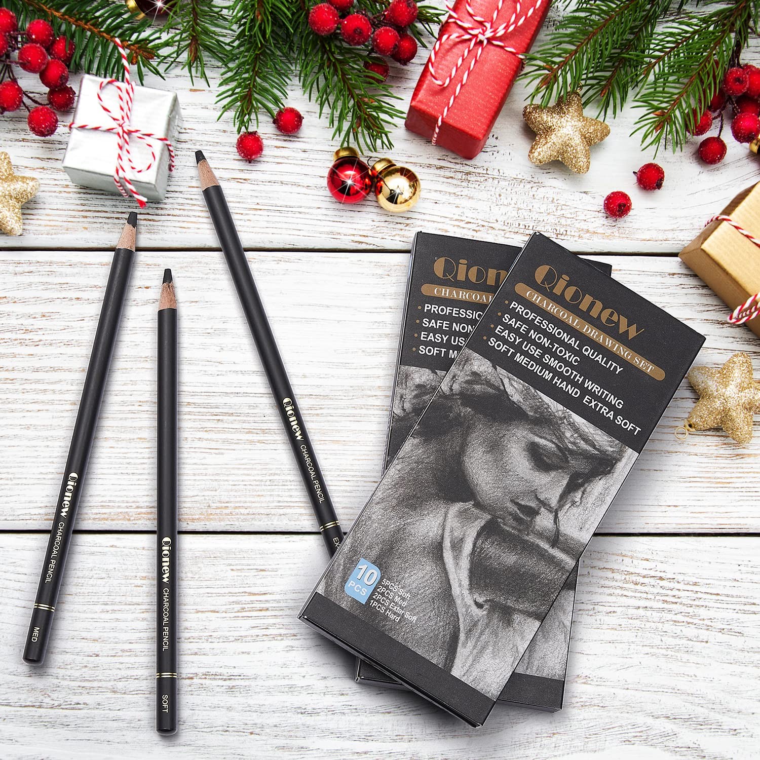 Qionew Professional Charcoal Pencils Drawing Set – 10 Pieces Super Black