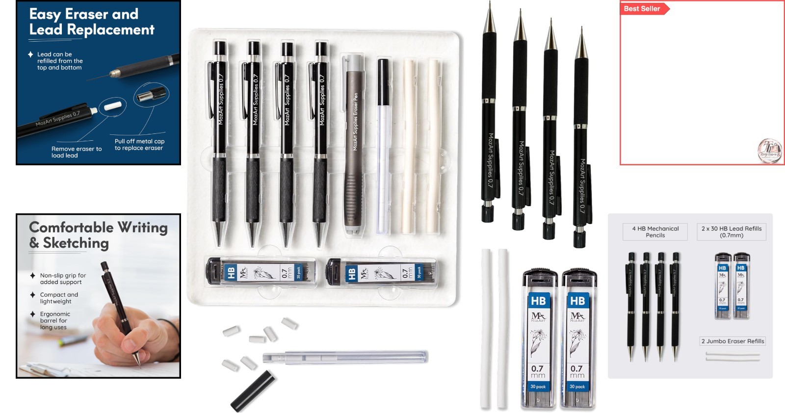 MozArt 0.7mm Mechanical Pencil Set with Case & Refills for Artists & Professi…