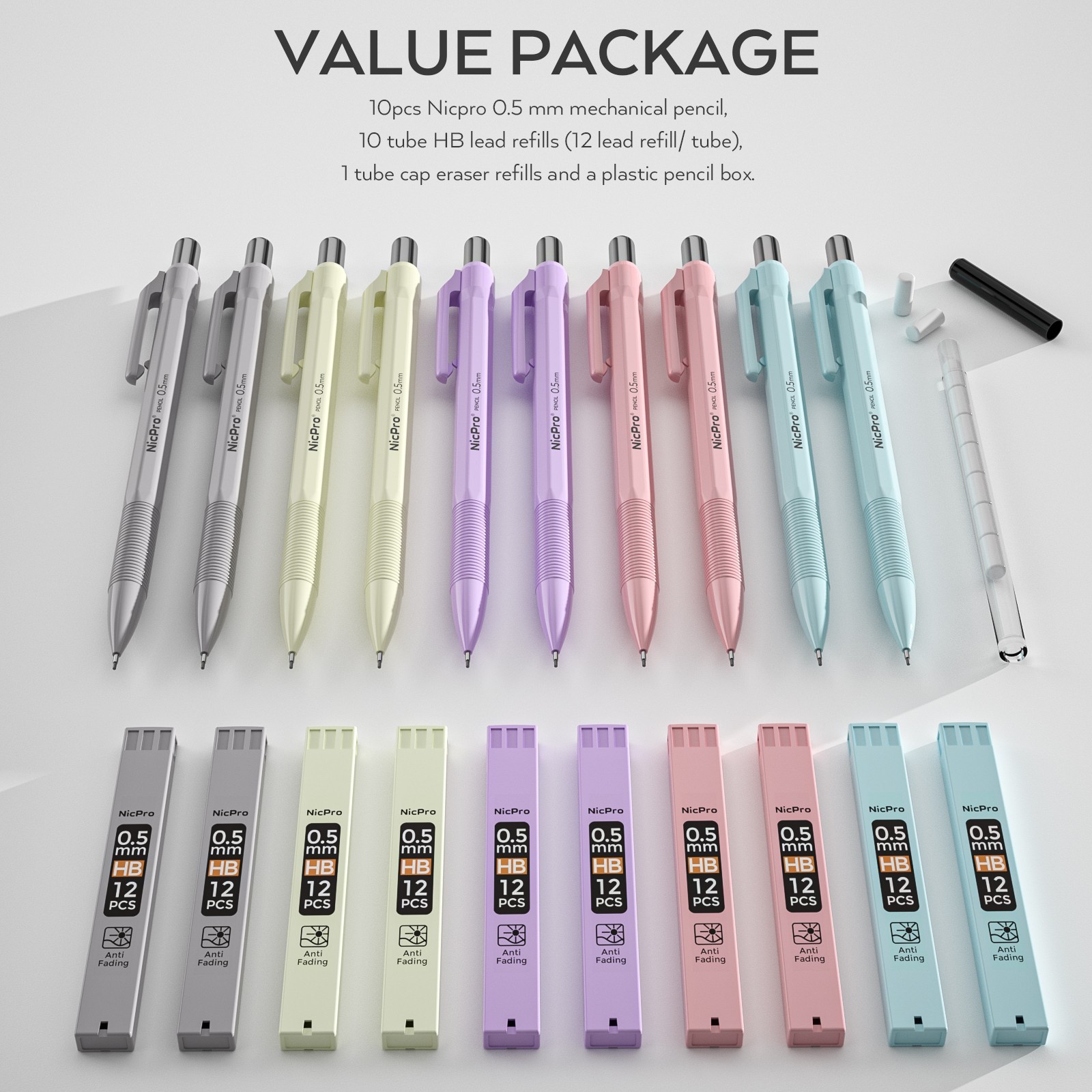 Nicpro 10PS 0.5mm Pastel Drafting Pencils + Case, 10 HB Refills, 12 Erasers