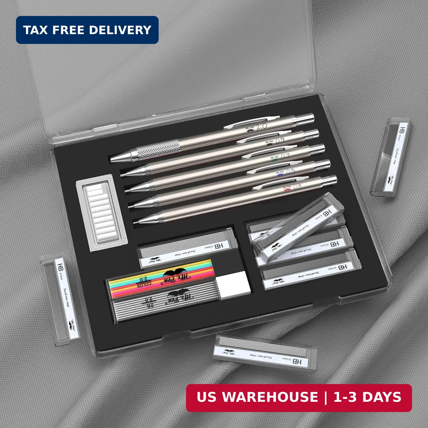 – Metal Mechanical Pencil Set with Lead and Eraser Refills, 5 Sizes