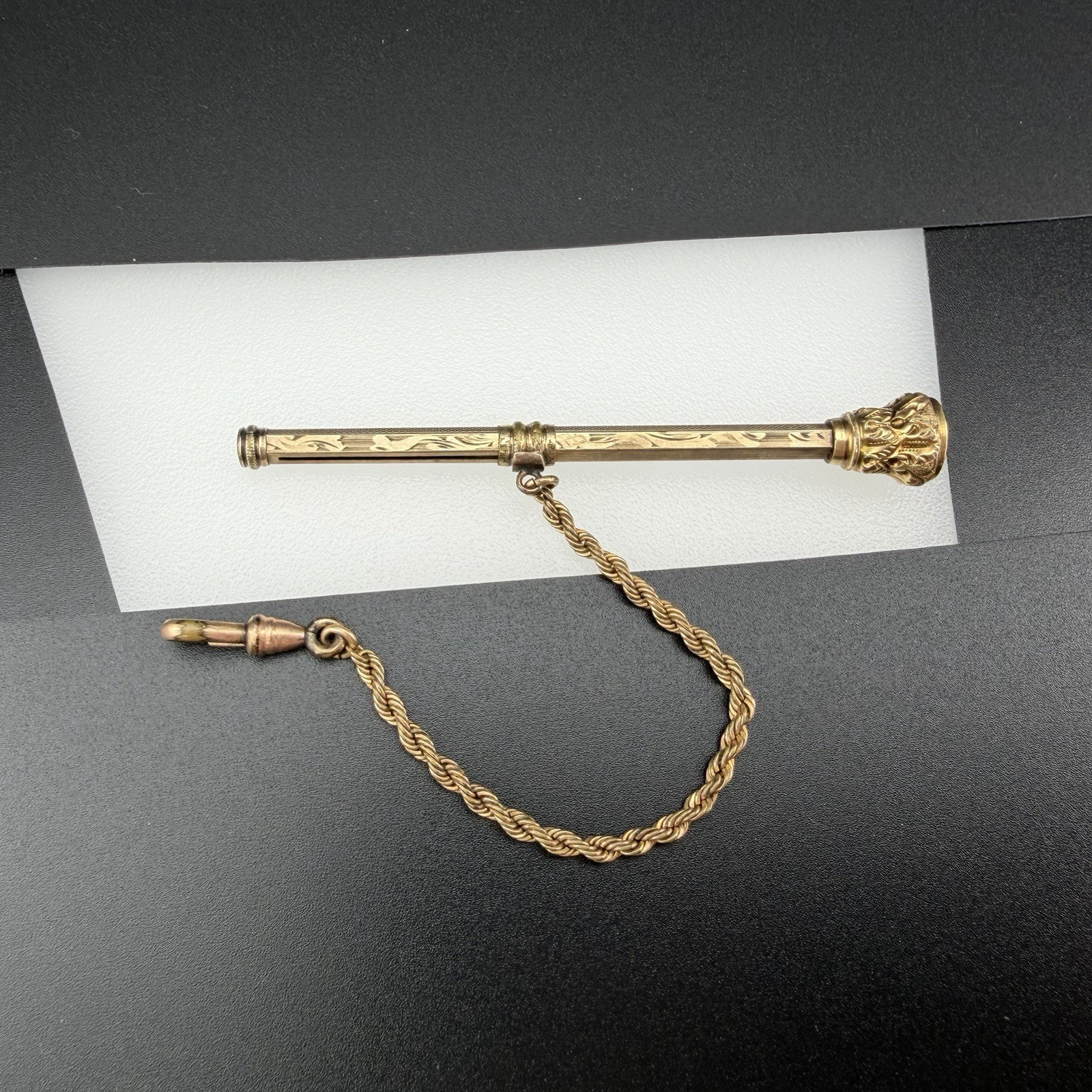 Victorian Gold Filled 3 7/8″ Telescoping Pencil Watch Fob w/ Chain & White Stone