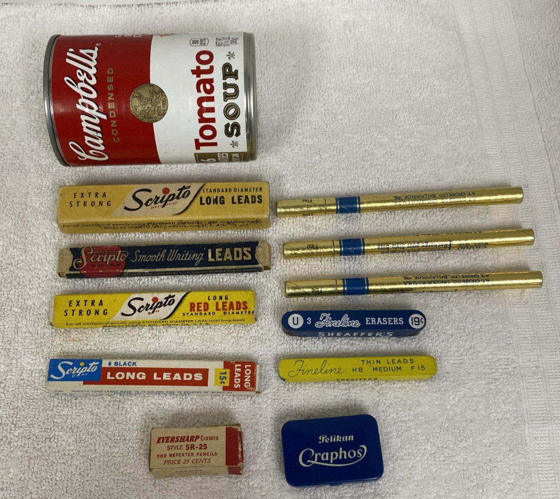 11 Vintage Pencil Leads Erasers Pen Refills Tins Boxes Scripto Sheaffers Cross