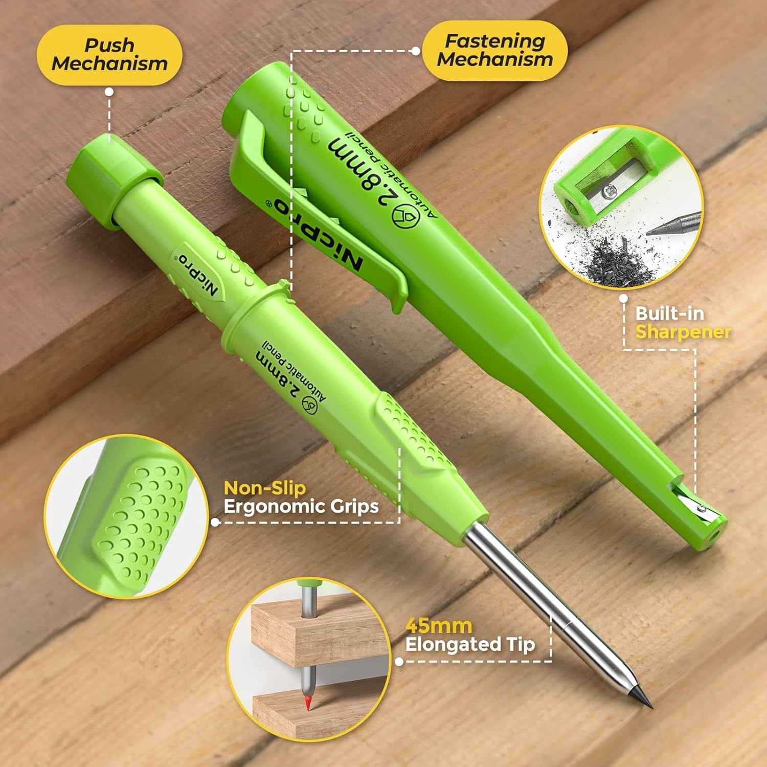 Nicpro CP3000 Carpenter Pencil with Sharpener, 2.8 mm 1 Pack, Green