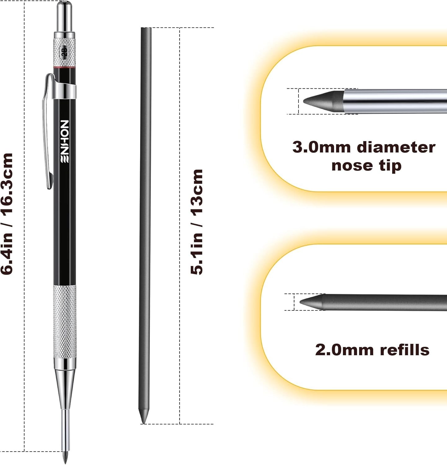 Enhon 2mm Mechanical Carpenter Pencil Set with 12 Marker 2 Piece Set, Black