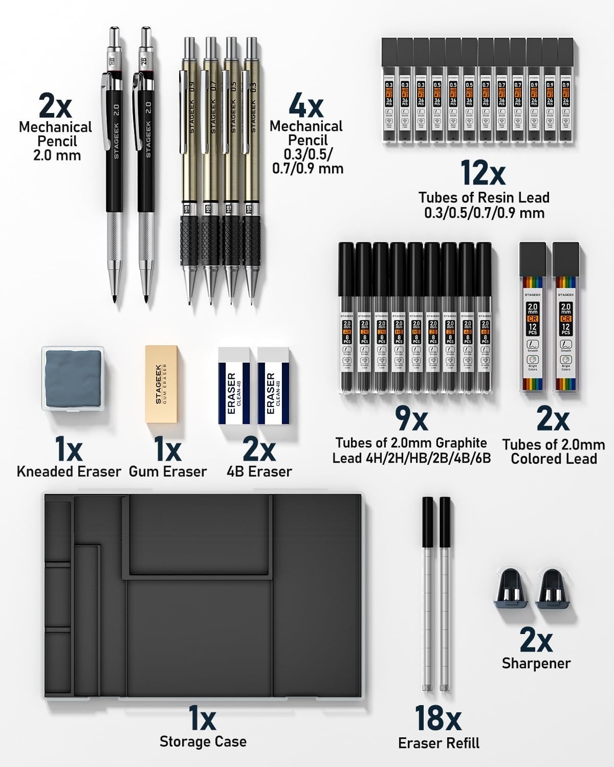 Mechanical Pencil Set 37 Count with Case, 0.3-0.9MM & 2PCS 2MM Sketch Pencils, 4