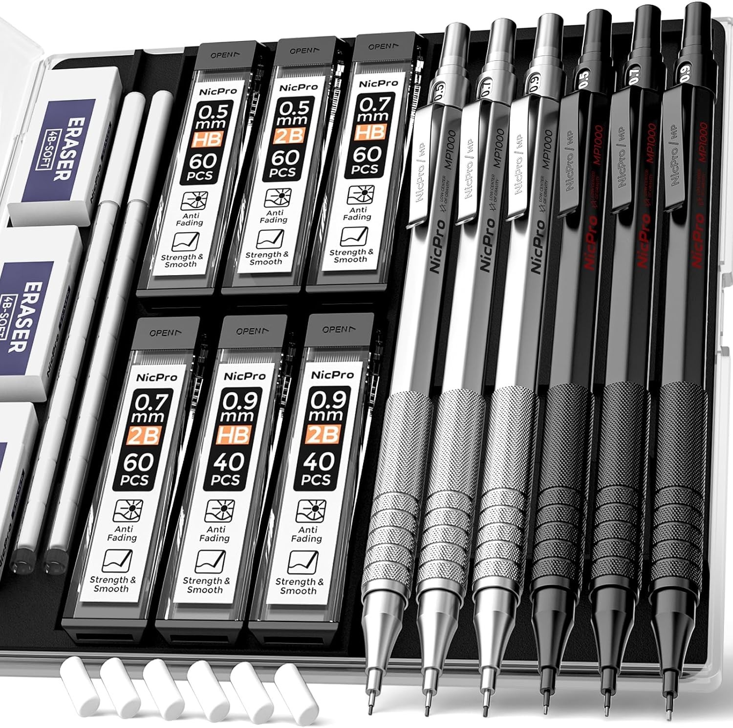 6-Piece 0.5/0.7/0.9mm Metal Mechanical Pencil Set W/ Case, Lead Refills & Eraser