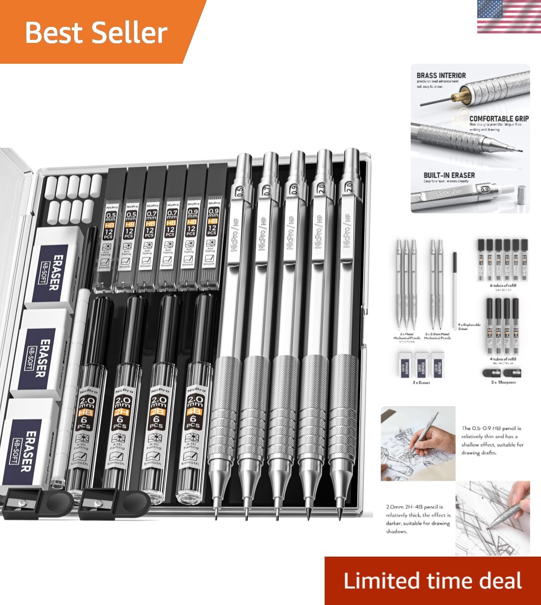 Versatile 22PCS Art Drafting Pencil Set with Ergonomic Metal Grip & Accessories