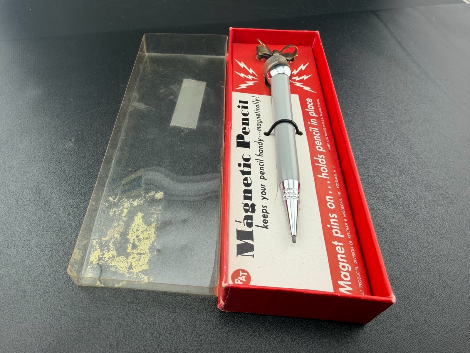 Vintage PAT Magnetic Mechanical Pencil Desk Clip Holder With Box