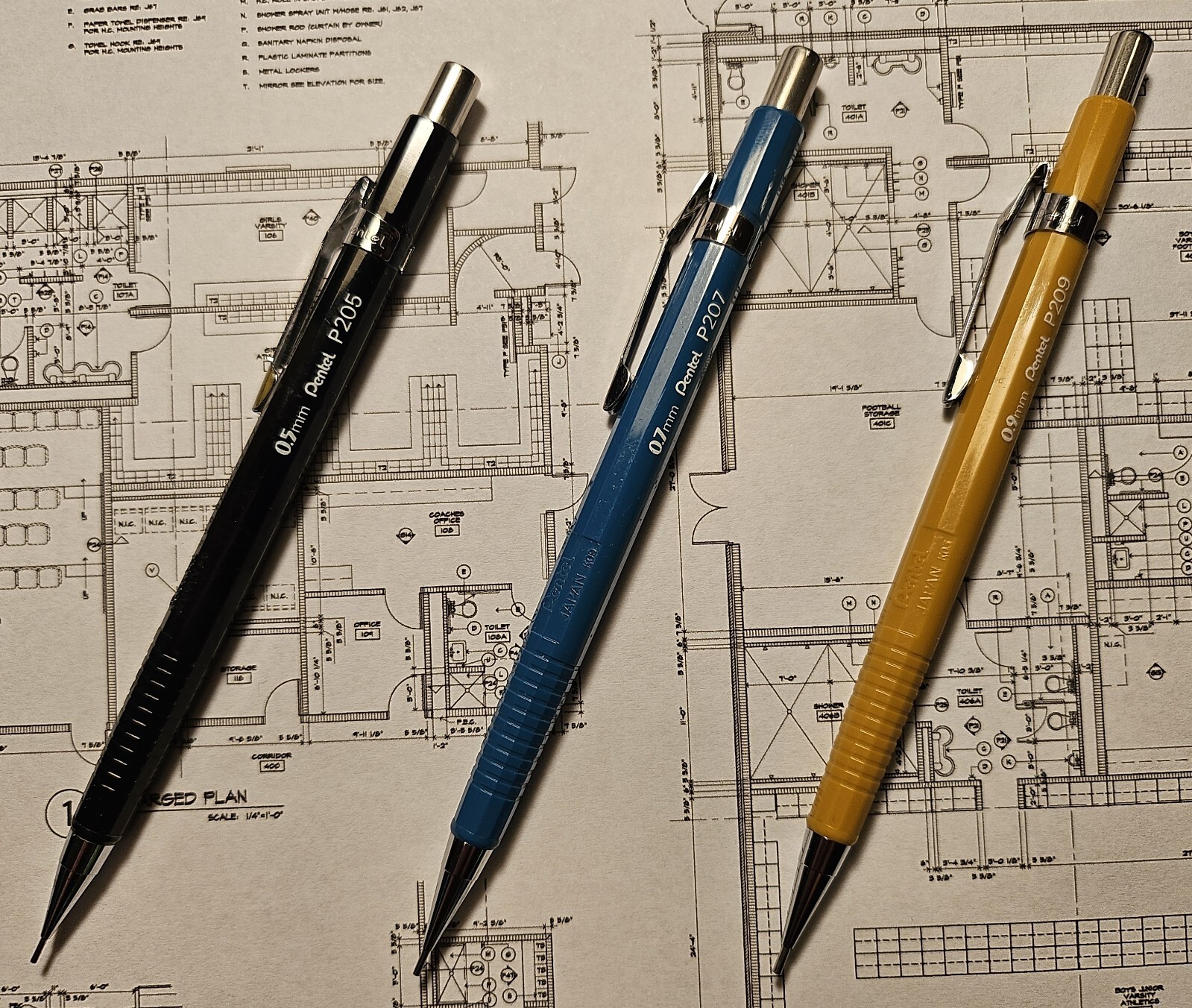 3- Vintage Pentel Mechanical Pencil Lot P205 5mm P207 7mm P209 9mm with Lead