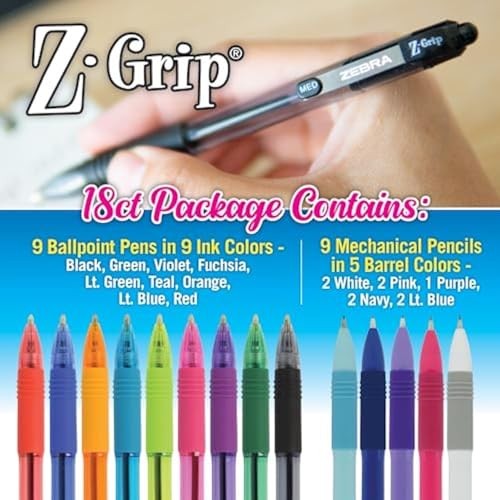 Z-Grip Writing Set, Retractable Medium Point Ballpoint 18 Pen Pencil Black A
