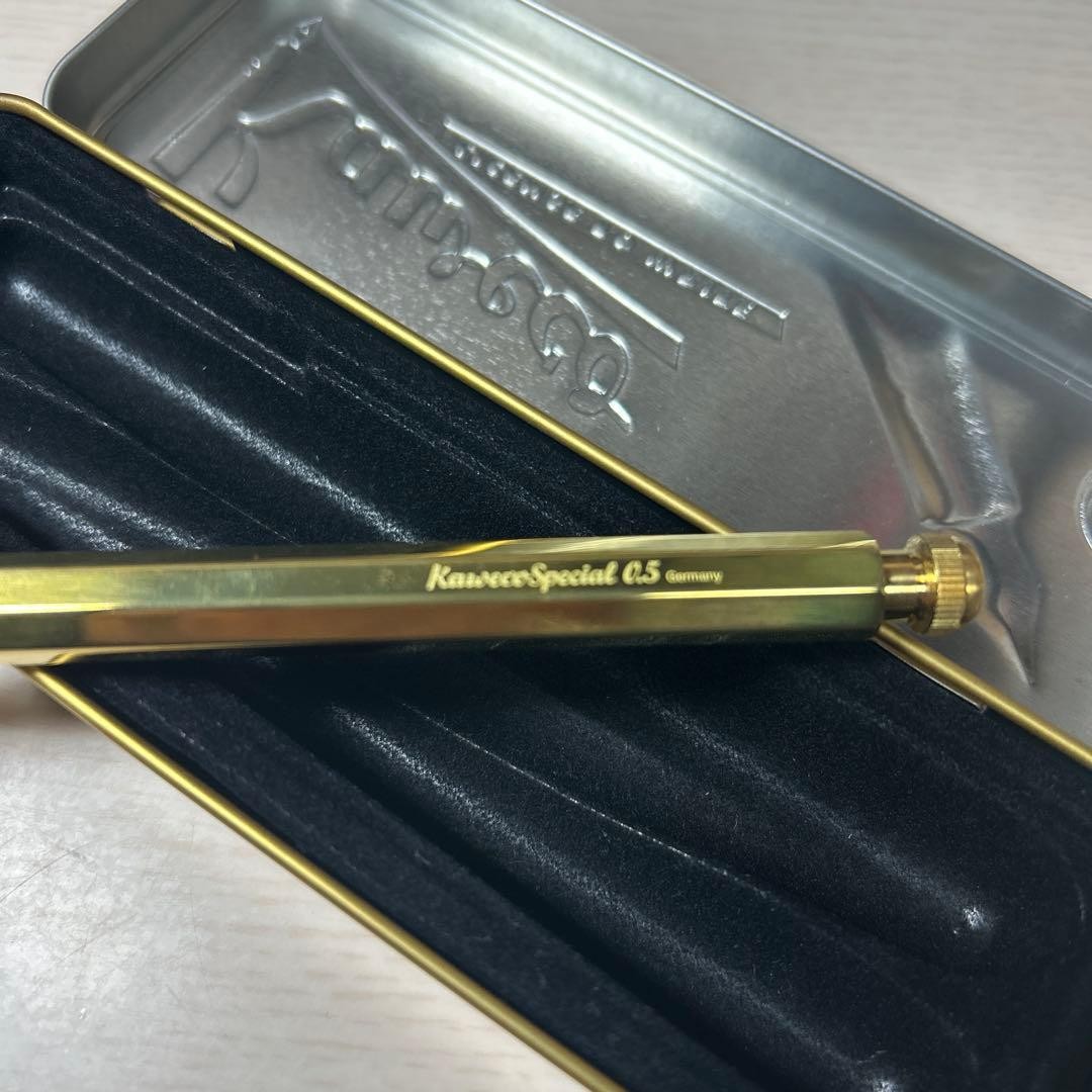 Kaweco brass pencil, made in Germany, with original tin case and outer box.