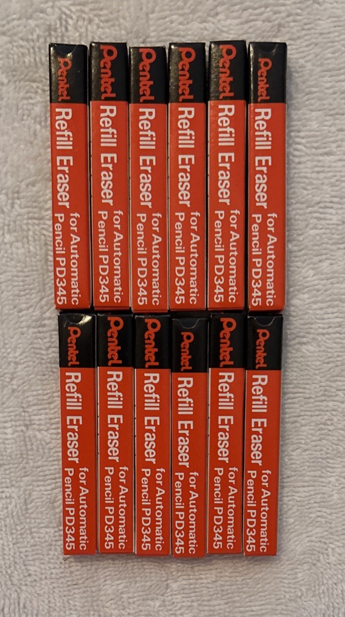 Pentel PD345 Auto Pencil Refill Eraser-12 boxes-5 Eraser/1 Refill Holder Per Box