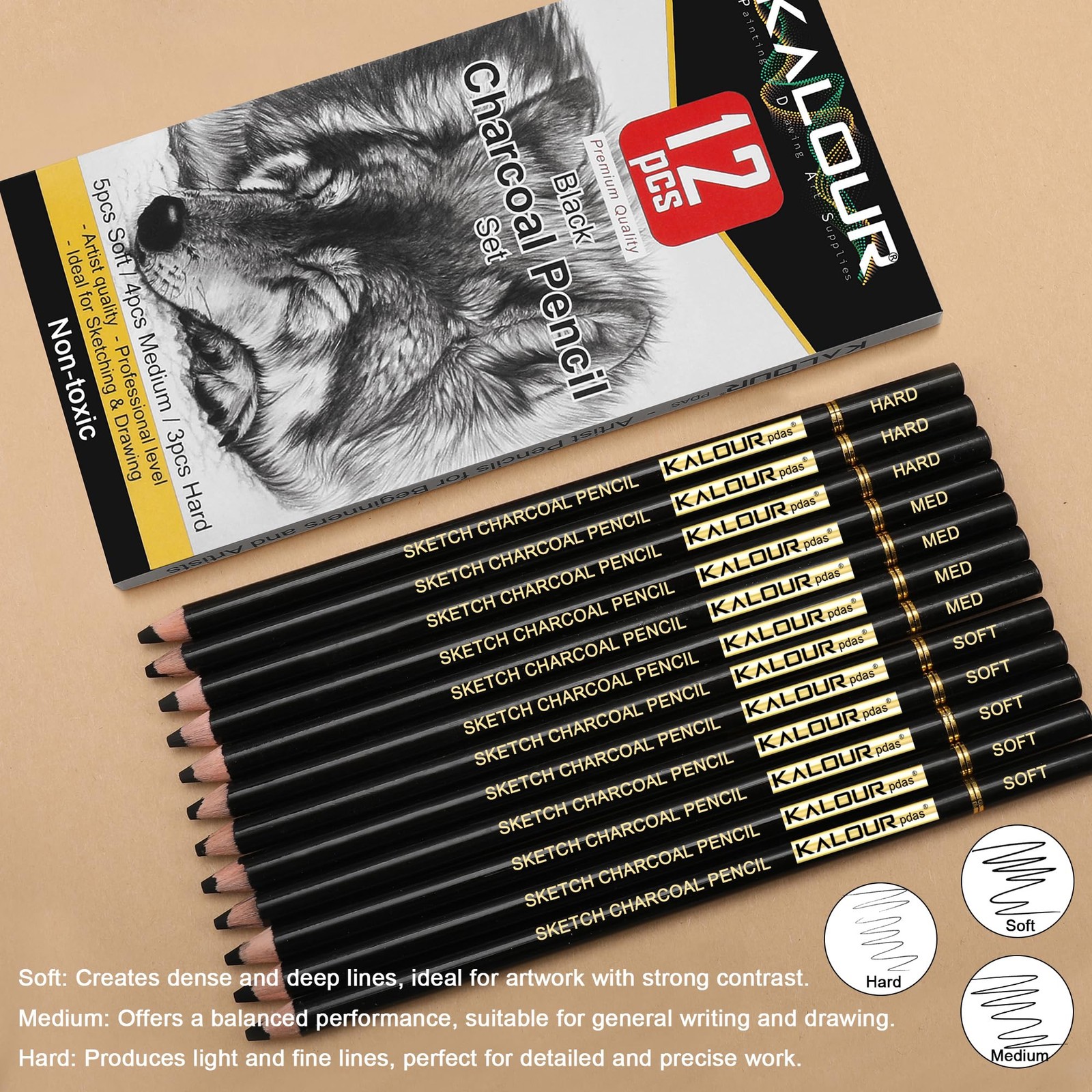 KALOUR Professional Charcoal Pencils Drawing Set 1 Count (Pack of 12), Black