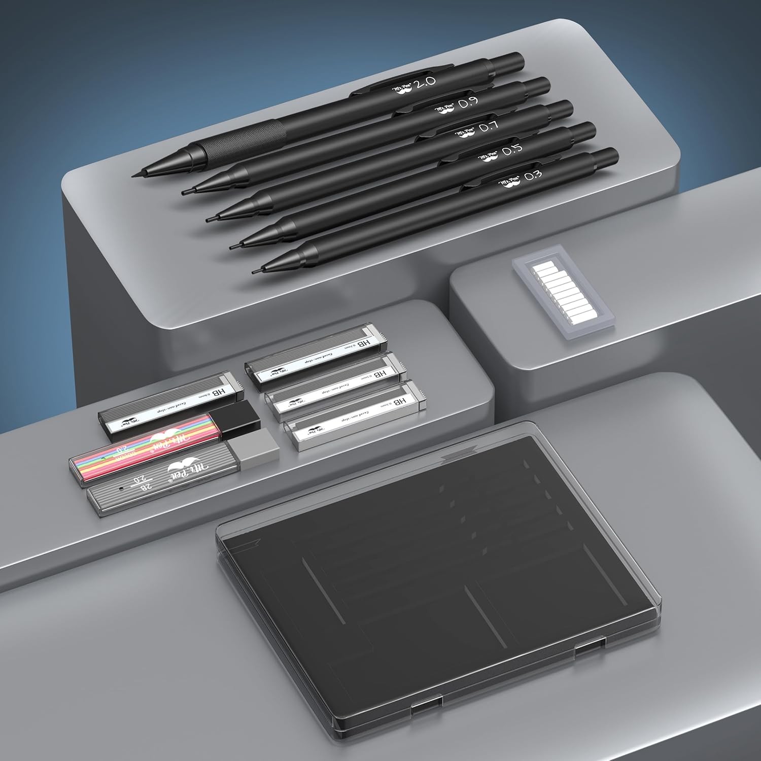 Mr. Pen- Metal Mechanical Pencil Set with Lead and Eraser Refills, 5 Sizes, Blac