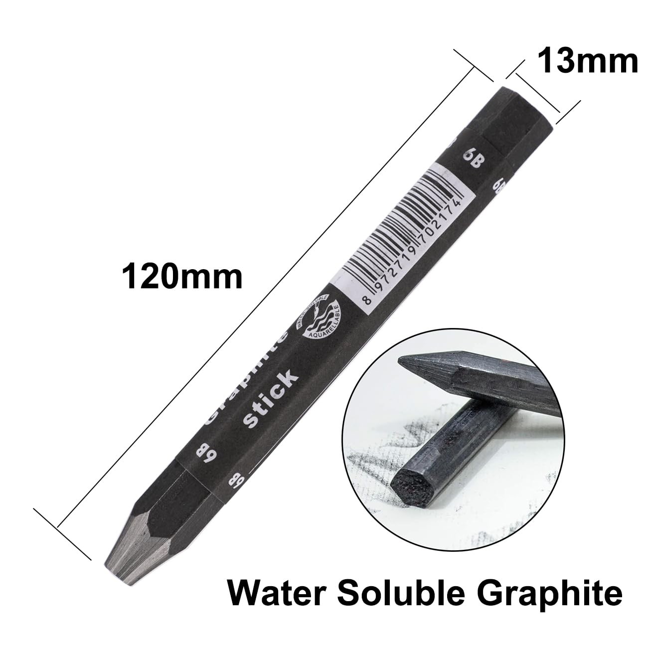 MODOLATA Graphite Sticks for Drawing- Water 3 Count (Pack of 1), Black