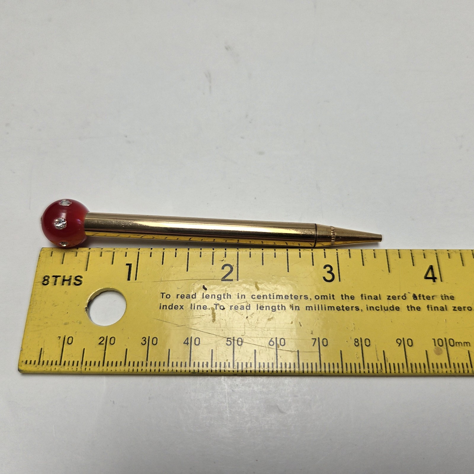 Vintage Gold Tone Brass Metal Mechanical Pencil w/ Red Ball Tip and Rhinestones