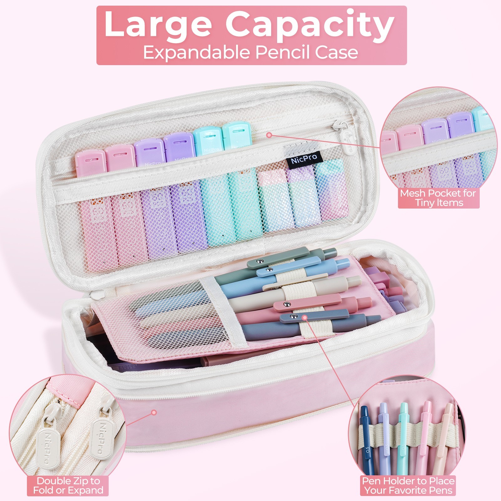 Nicpro 39PCS Pink Pencil Case Set: 12 Highlighters, 5 Black Pens, 6 Pencils
