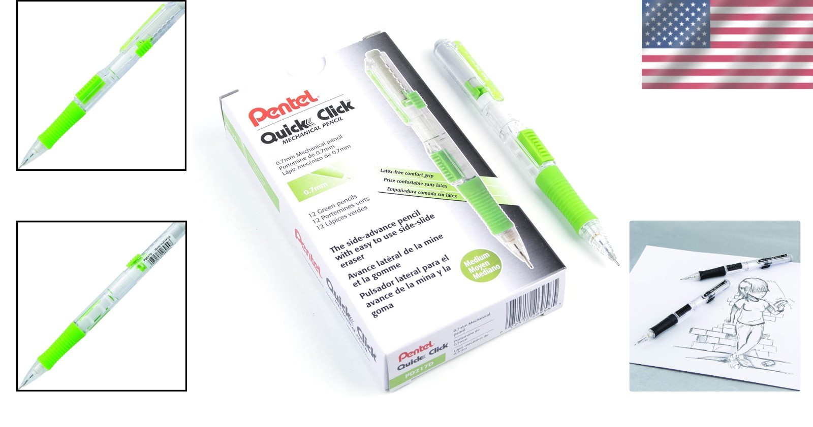 Fast Side-Advance 0.7mm Mechanical Pencils – Green Accents, Box of 12 for Adults