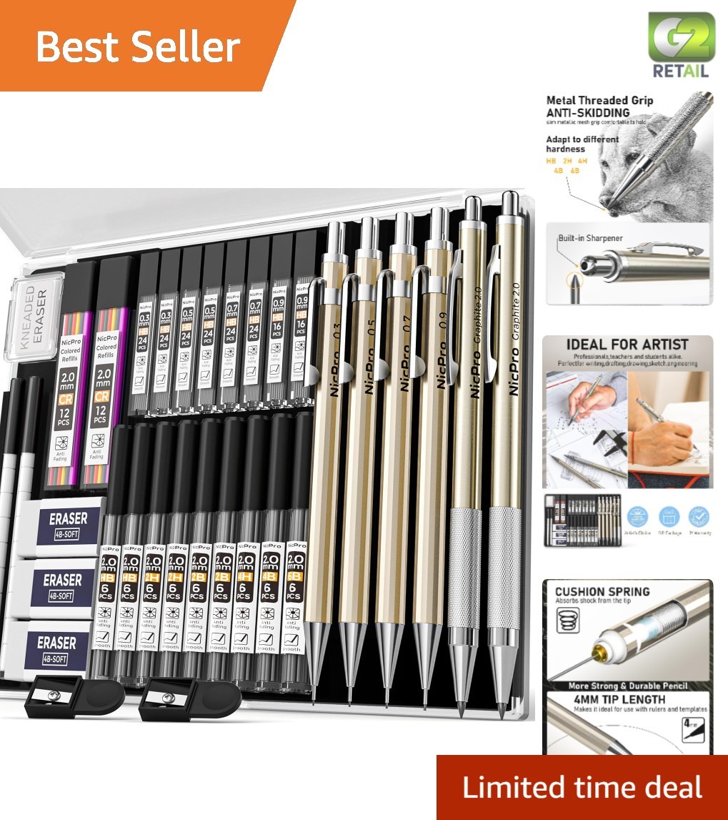 34PCS Metal Mechanical Pencil Set with 0.3mm to 2mm Lead & Erasers for Artists