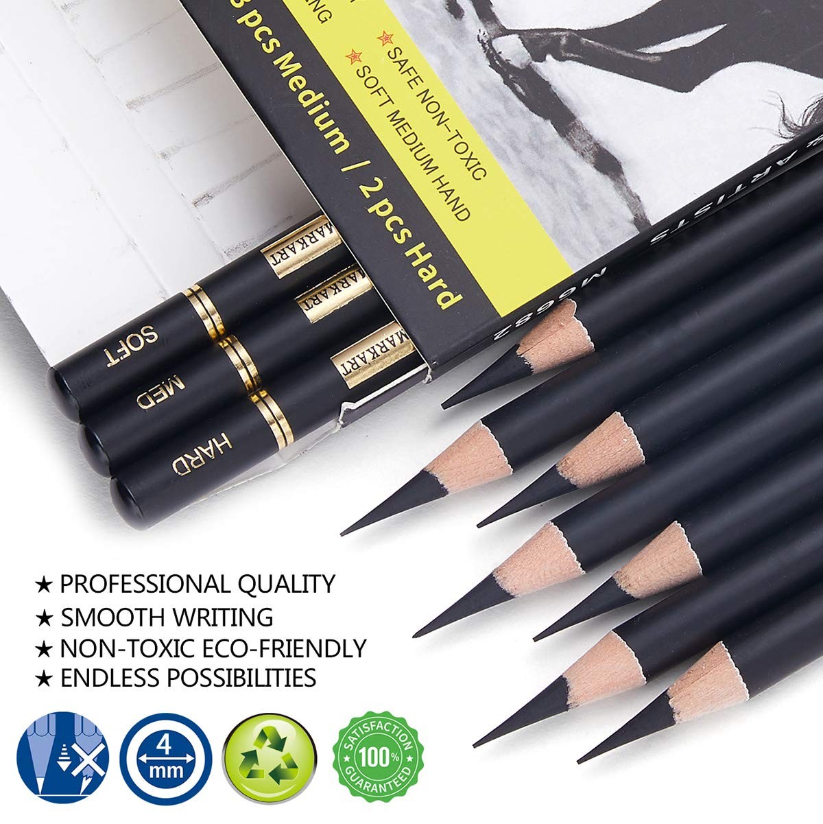 MARKART Professional Charcoal Pencils Drawing Set 10 Count (Pack of 1), Black