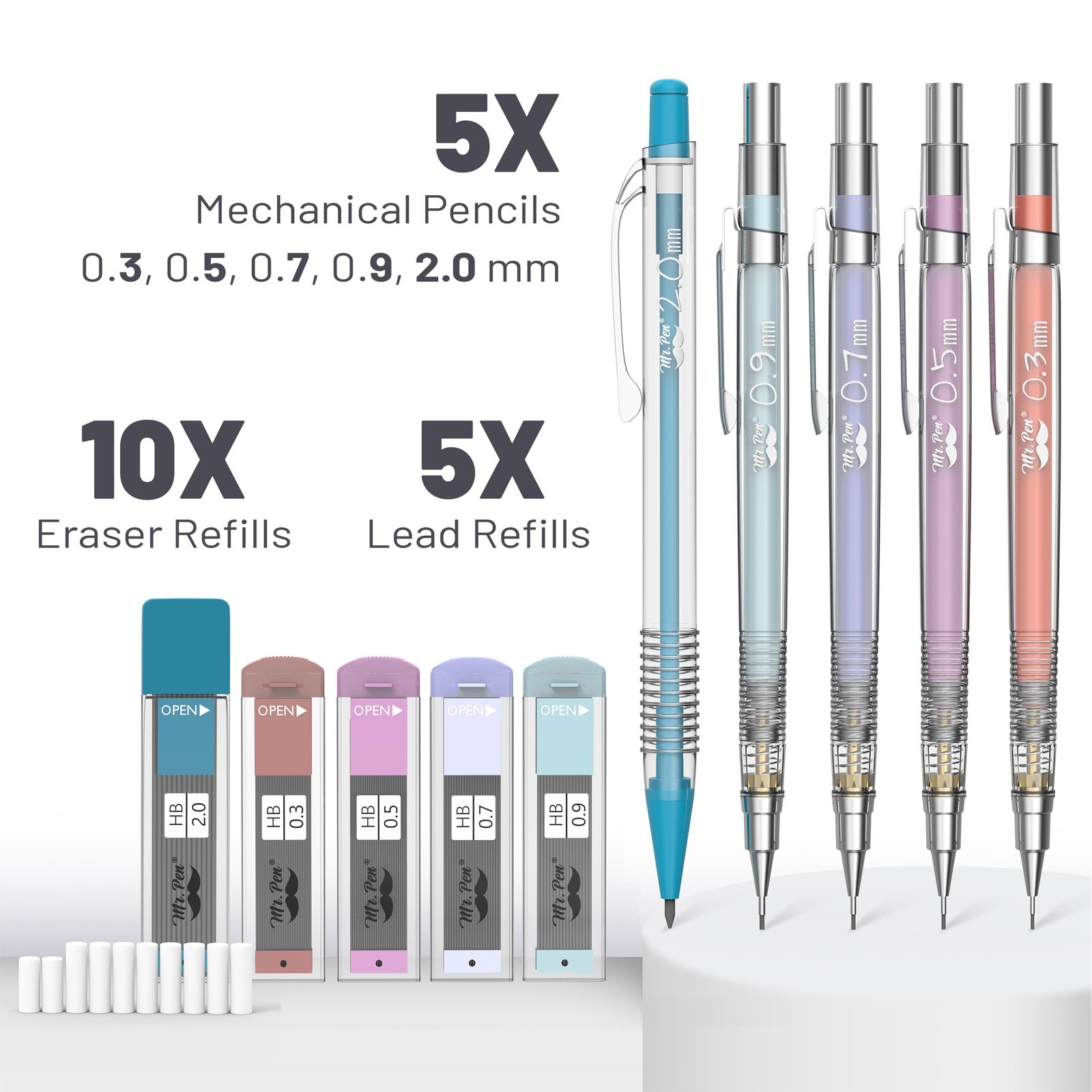 Mr. Pen- Pastel Mechanical Pencil Set, 5 5 Count (Pack of 1), Clear Barrel