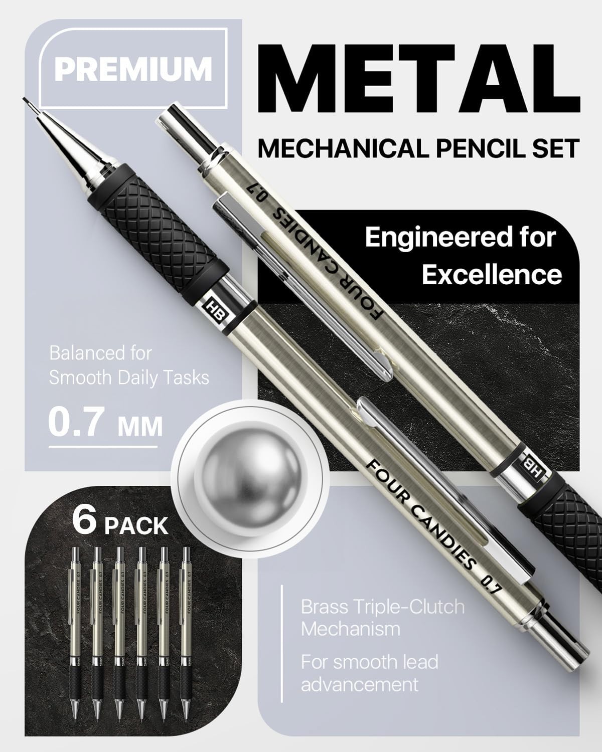6 PCS Metal Mechanical Pencil Set 0.7mm 360 Leads 12 Erasers For Sketching