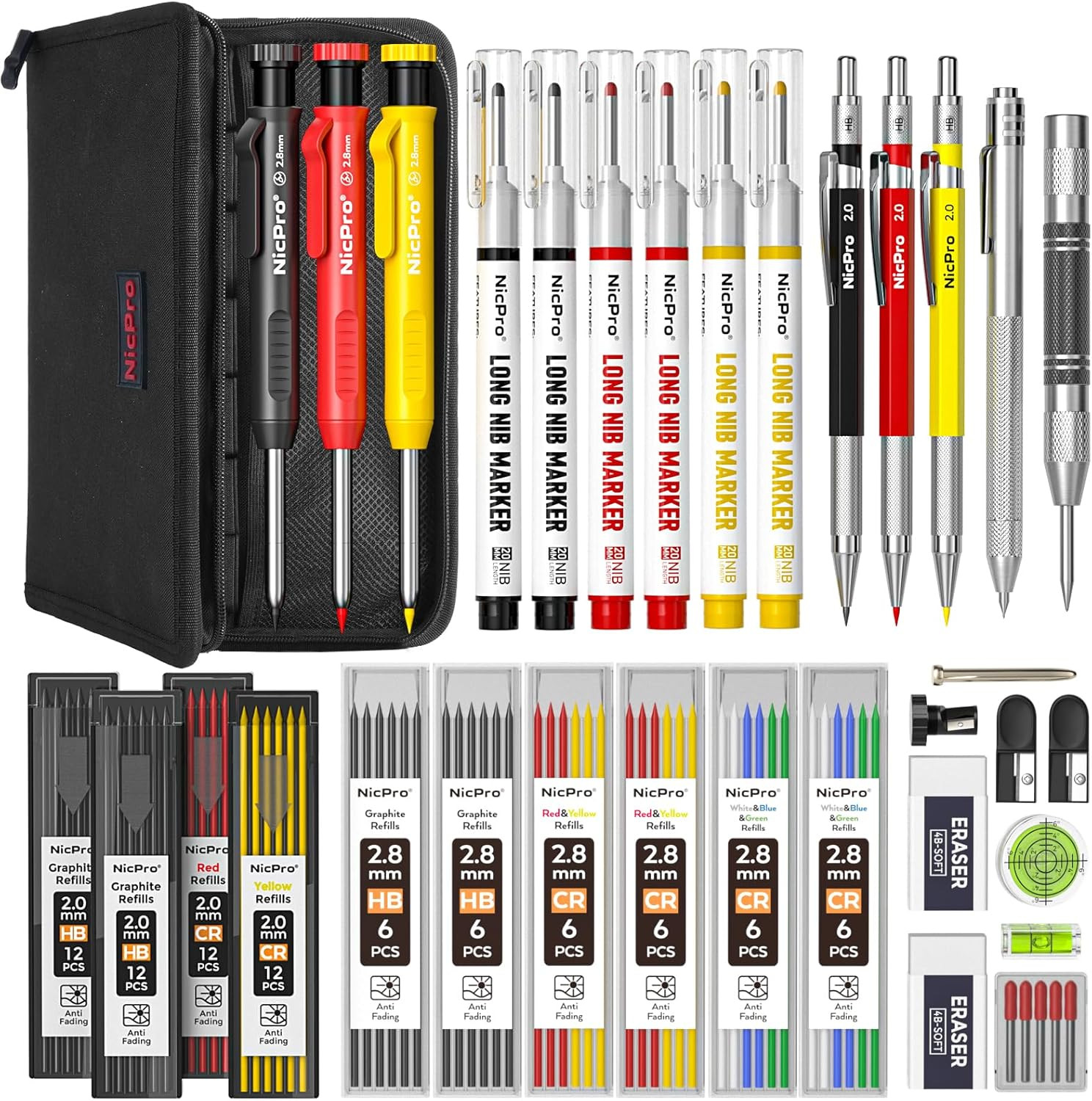 39 Pack Carpenter Pencils with Sharpener, Mechanical Carpenter Pencil Set with 1