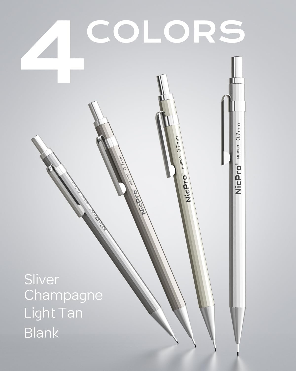 4 Pack Mechanical Pencil 0.7mm with Case, MB1000 Metal Mechanical Pencil Set wit