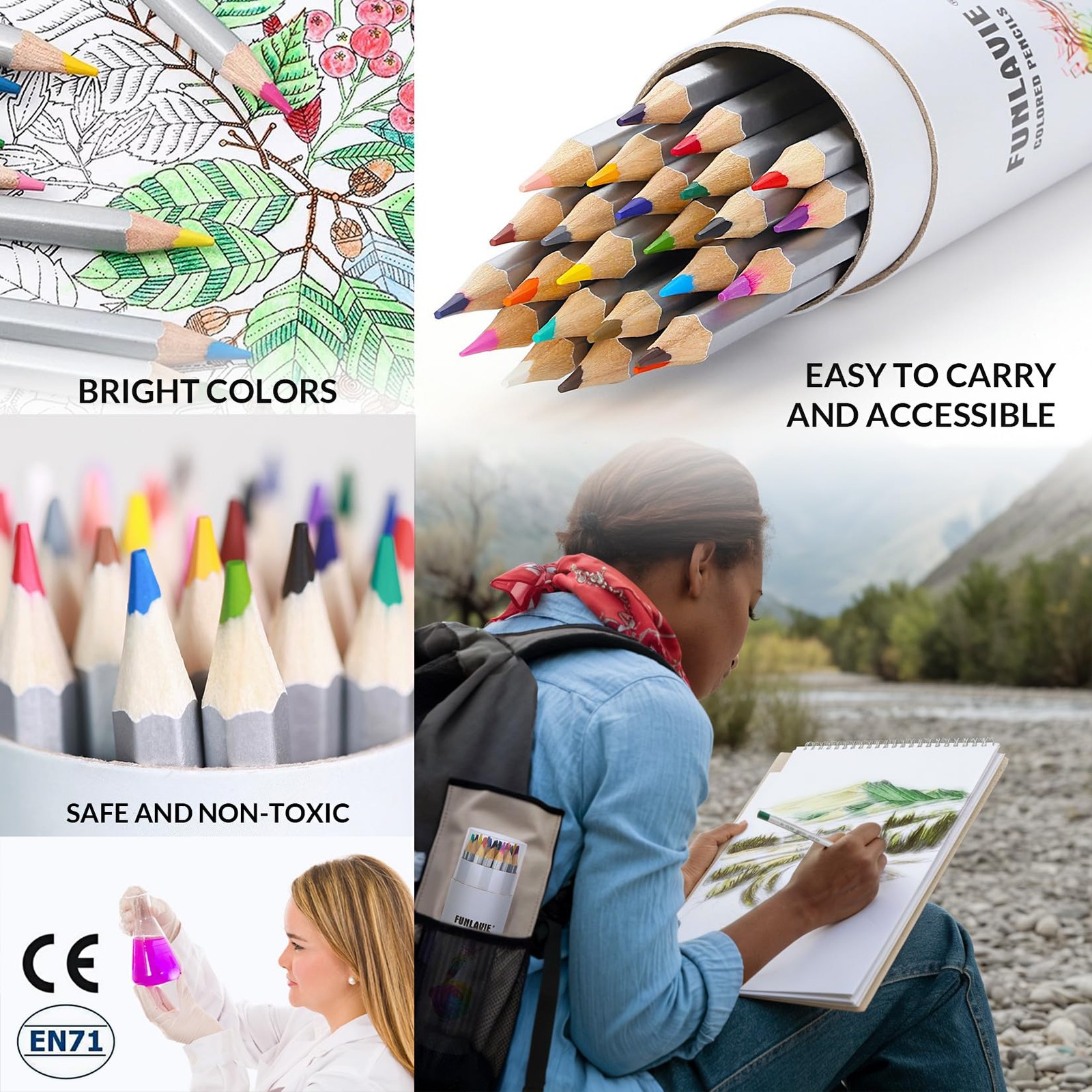 FUNLAVIE 24 Colored Pencils for 24 Count (Pack of 1), 24-Color Travel Pack