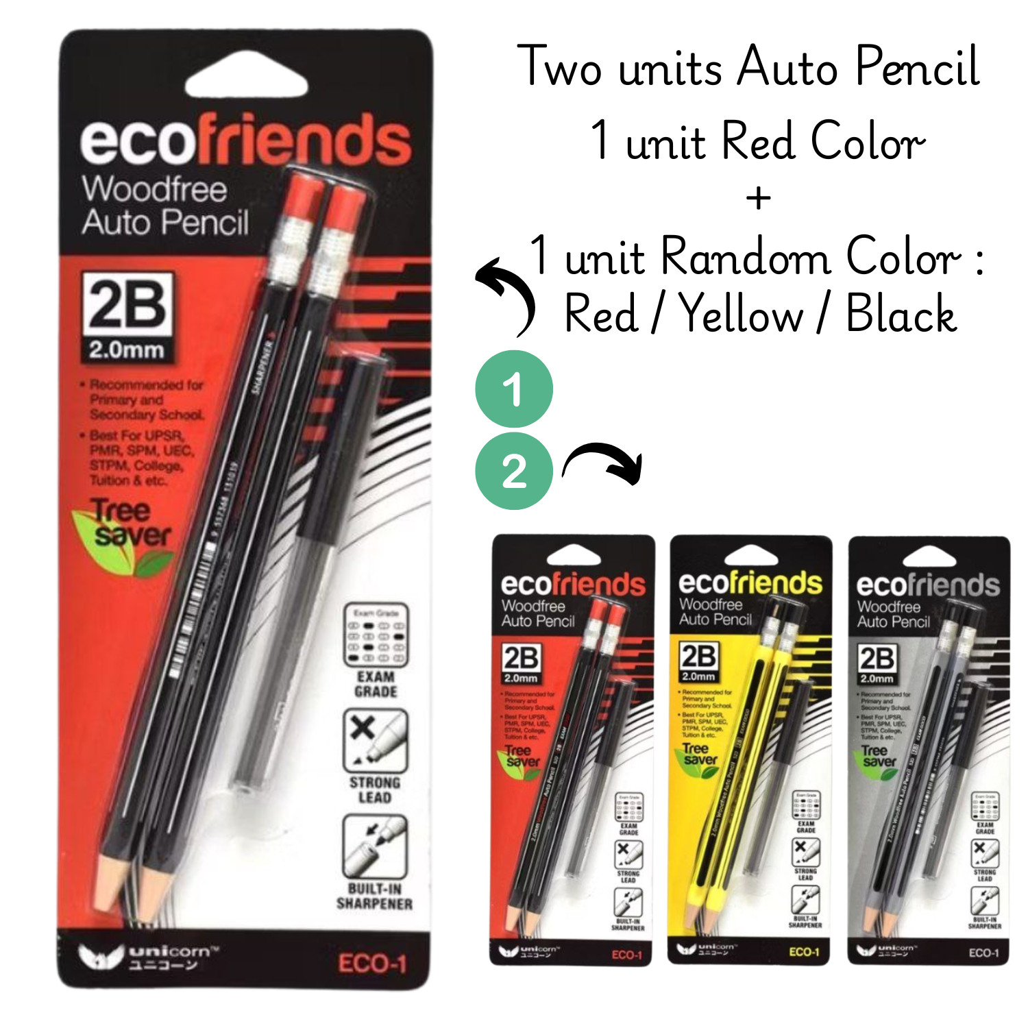 2 Sets (Red + Random) Unicorn Stationery Exam Eco-Friendly Auto Pencil 2.0mm