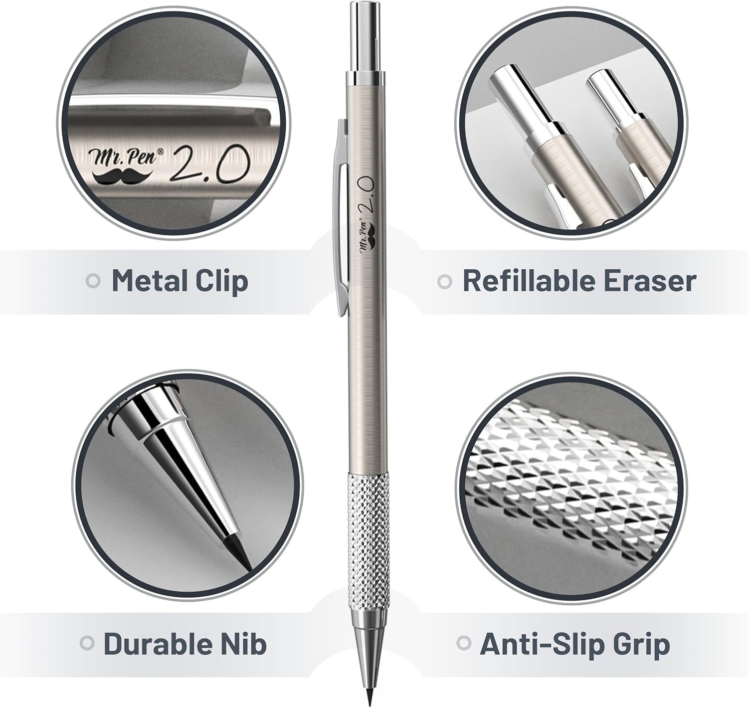 Mr. Pen- Metal Mechanical Pencil Set with Lead and Eraser Refills, 5 Sizes, 0.3,