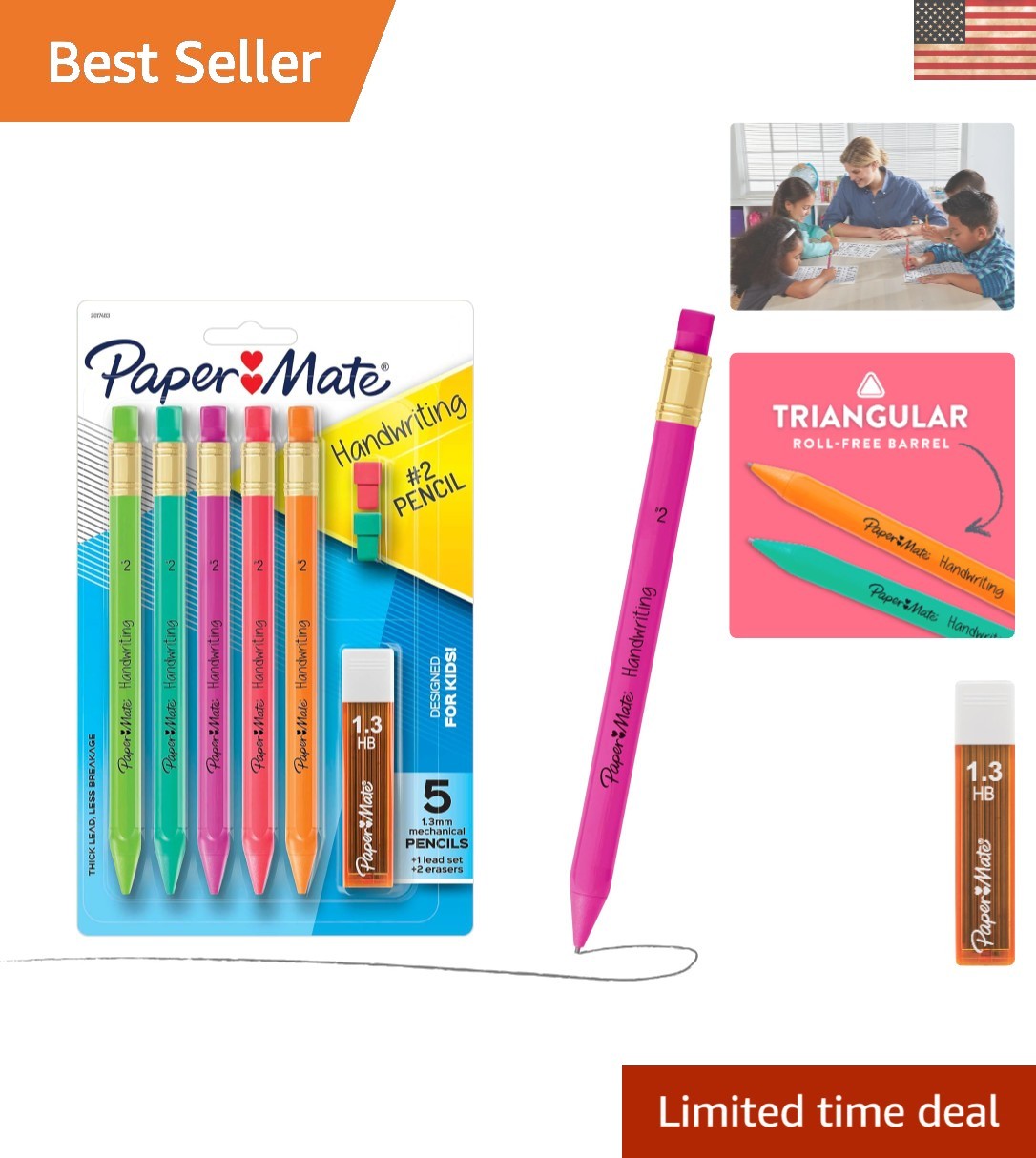Triangular Mechanical Pencils for Kids – 5 Count, 1.3mm Thick Lead & Erasers