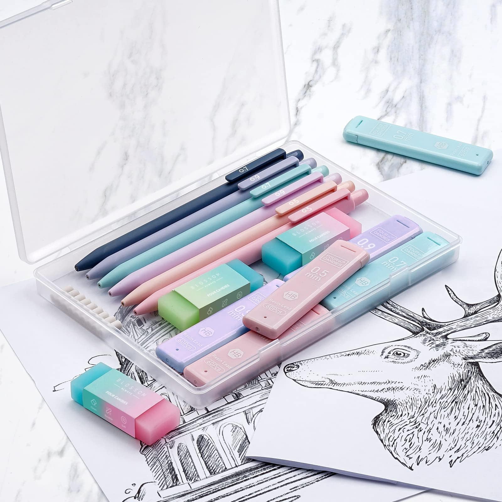 Four Candies Cute Mechanical Pencil Set, 6-Pack with Case