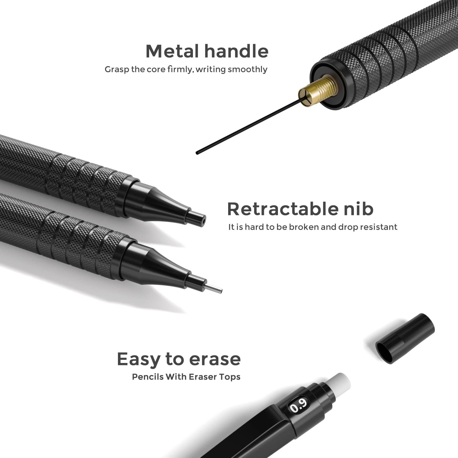 0.9mm Mechanical Pencil Set with Case – 3PCS Drafting Pencils, Lead Refills & Er