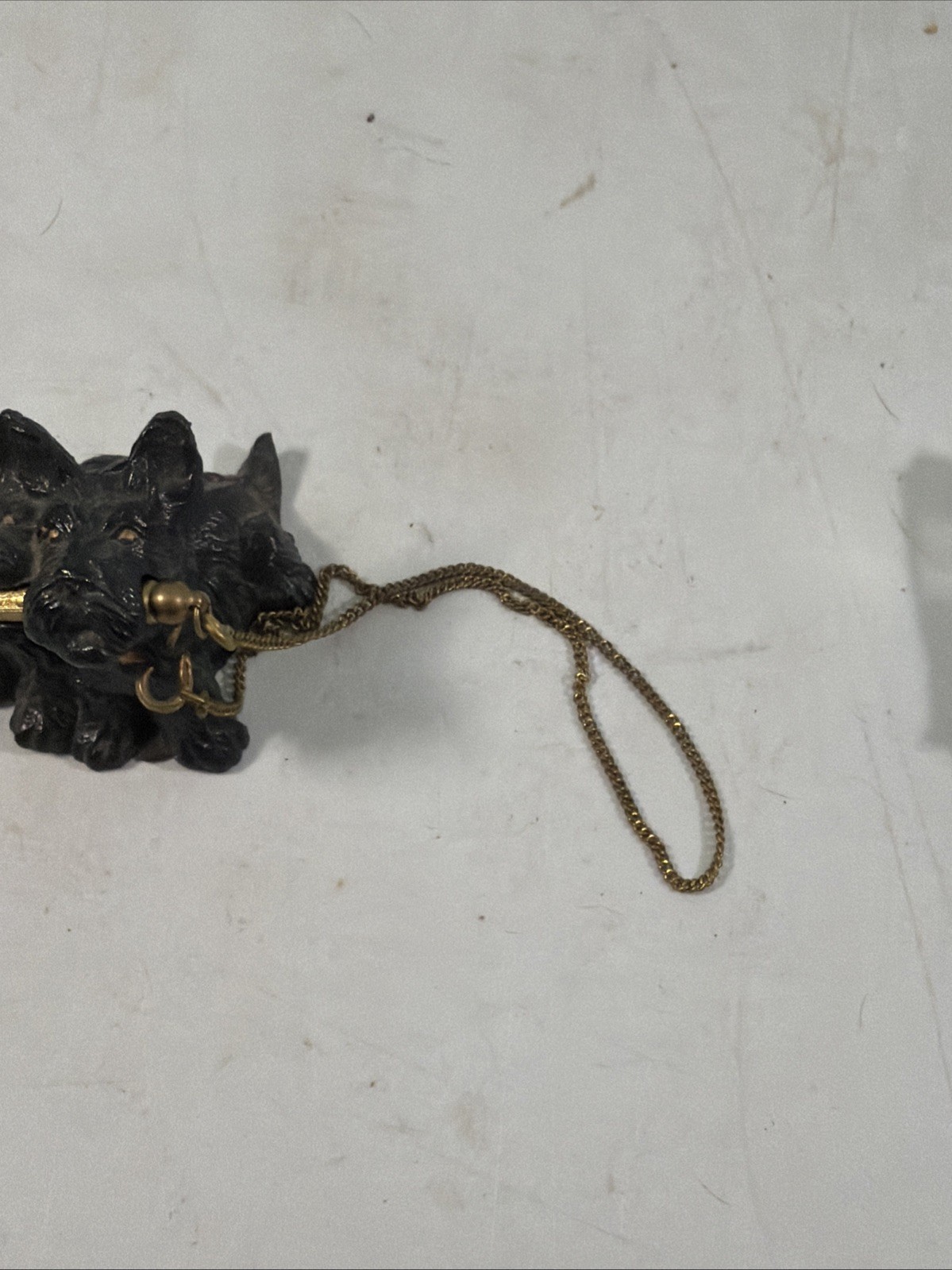 VTG MCM Solid Metal Scottie Dogs Leashed w/Chain Pencil holder Ge3