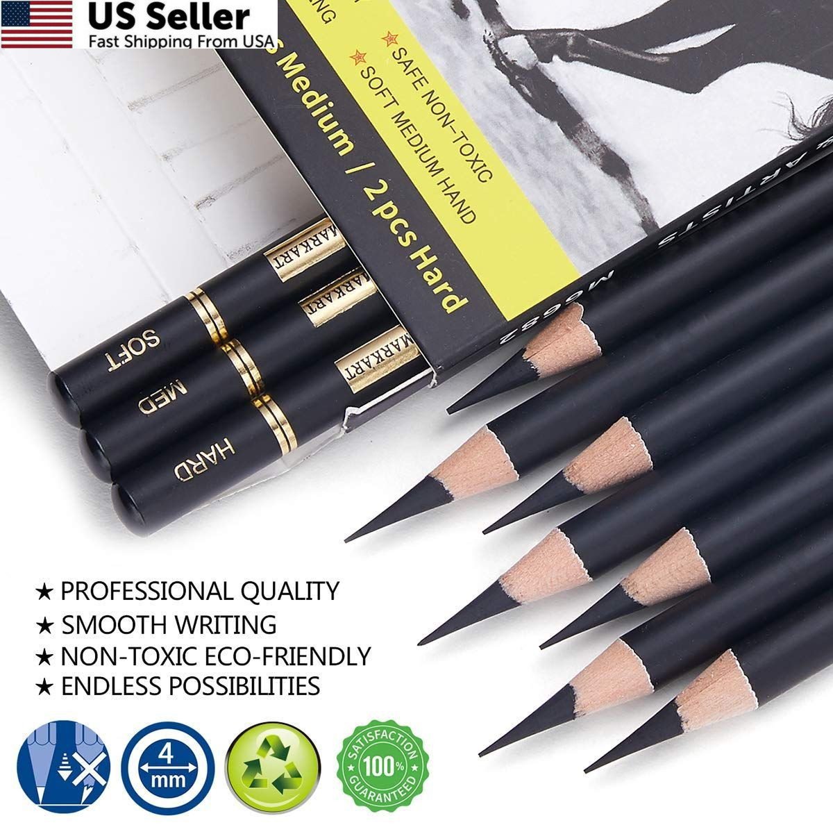 MARKART Professional Charcoal Pencils Drawing Set 10 Count (Pack of 1), Black
