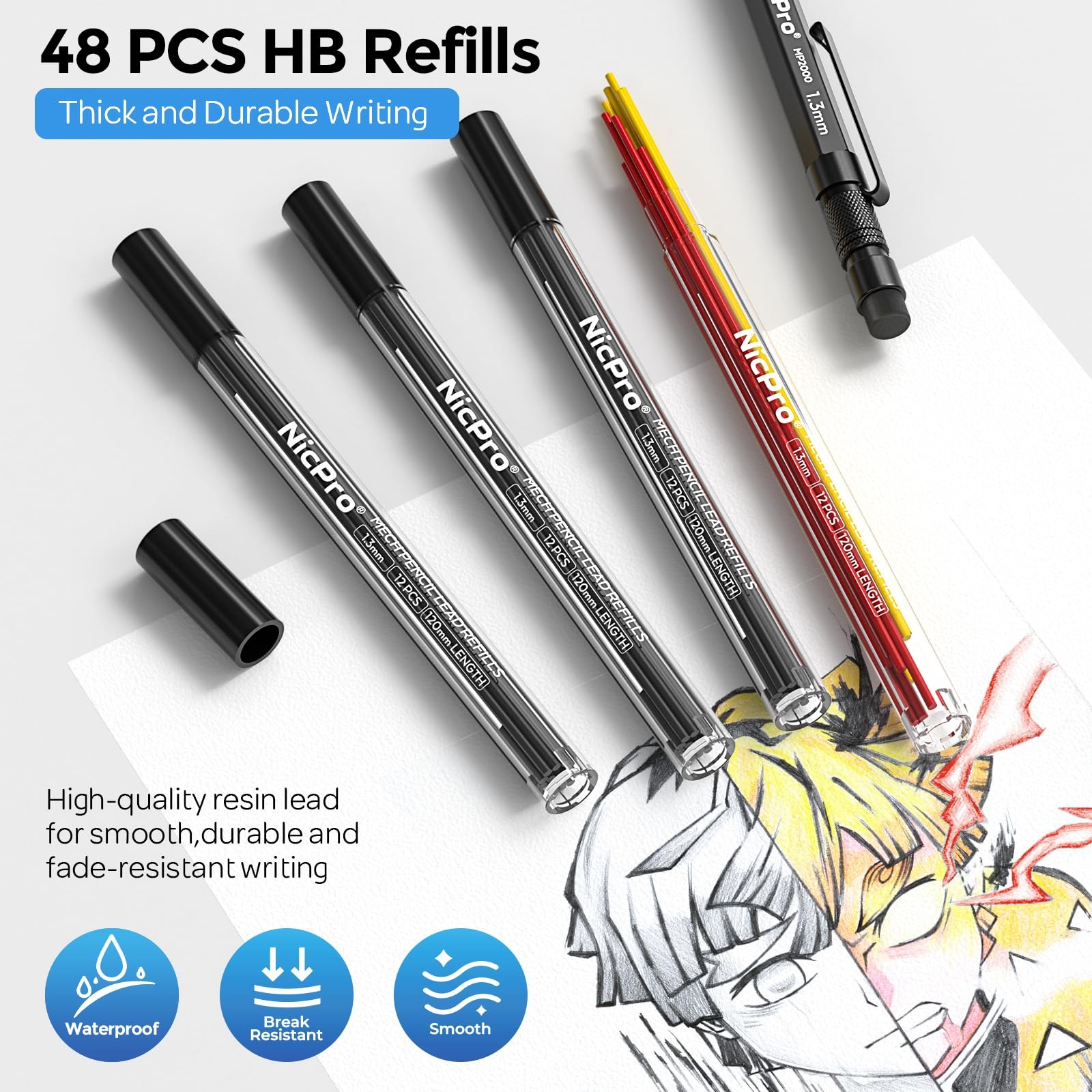 Nicpro 3 PCS 1.3 mm Blacke Mechanical Pencils Set with 48 Black, Yellow, Red