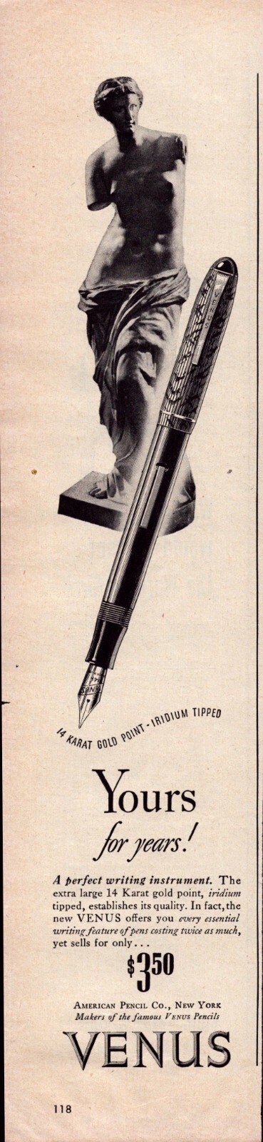 Venus Pencil 1945 Vintage Print Ad American Pencil NY 14K Gold Iridium Tipped