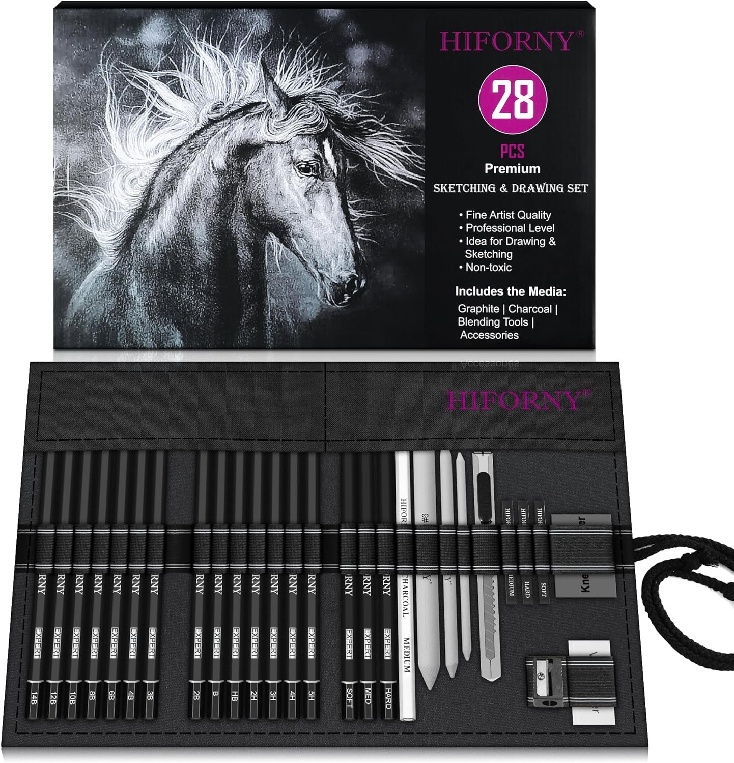 HIFORNY 28 PCS Sketching Drawing Pencil 1 Count (Pack of 28), Black