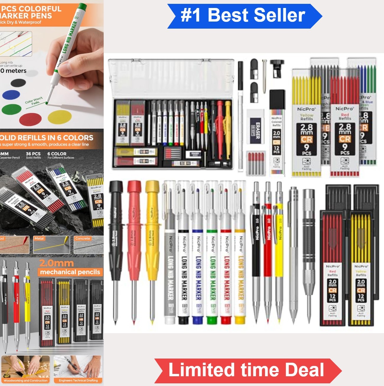 Mechanical Carpenter Pencil Set 36 Pieces 2.0mm 2.8mm Lead Refills Markers