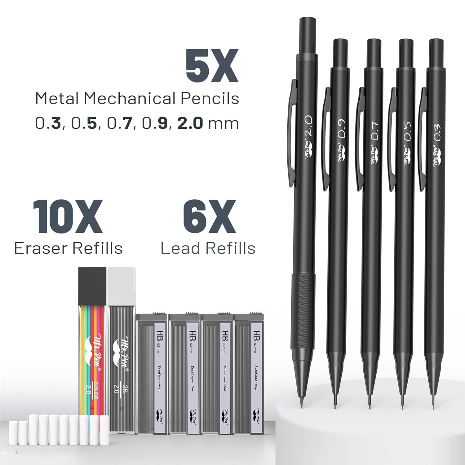 Metal Mechanical Pencil Set with Lead Refills and Erasers 5 Size Pencils