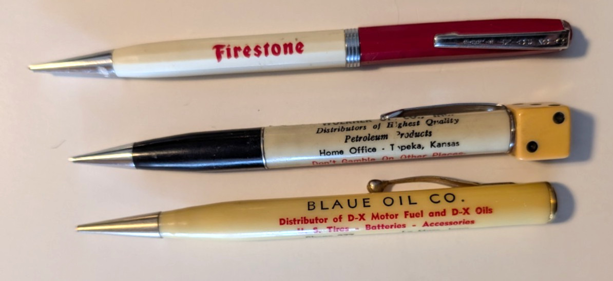 Vintage Firestone, Blaue & Woerner Oil Companies Advertising Mechanical Pencils