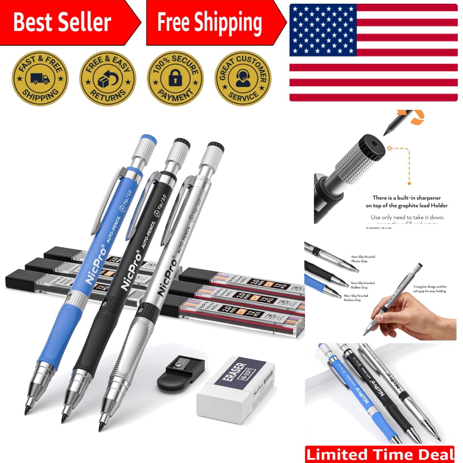Artist-Approved 2mm Mechanical Pencil Kit with 6 Color Refills & Non-Slip Grip